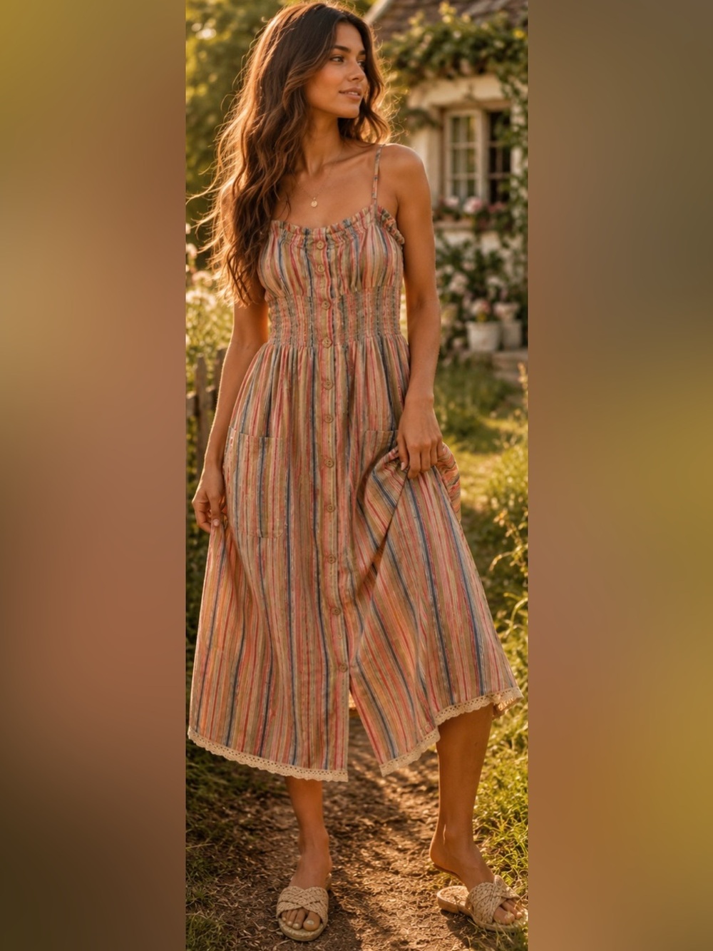 Revolve Saffron Kaftan Sundress Boho Smocked Festival Cottagecore Coastal Midi